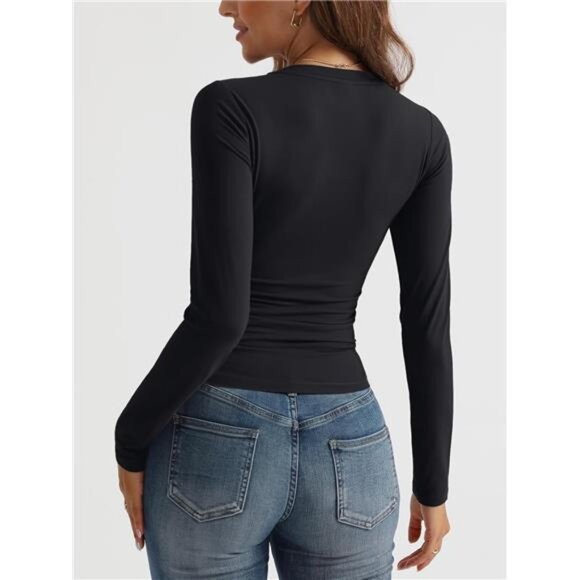 V-Neck Long Sleeve Crop Top – Stretchy Slim Fit Y2K Basic Tee - Picture 3 of 6